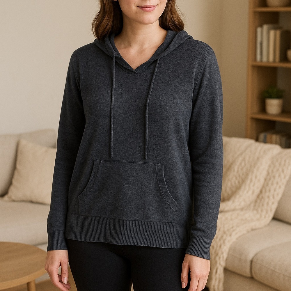 Joan Vass Charcoal Grey Knit Hooded Sweater Kangaroo Pocket High Low Hem XL